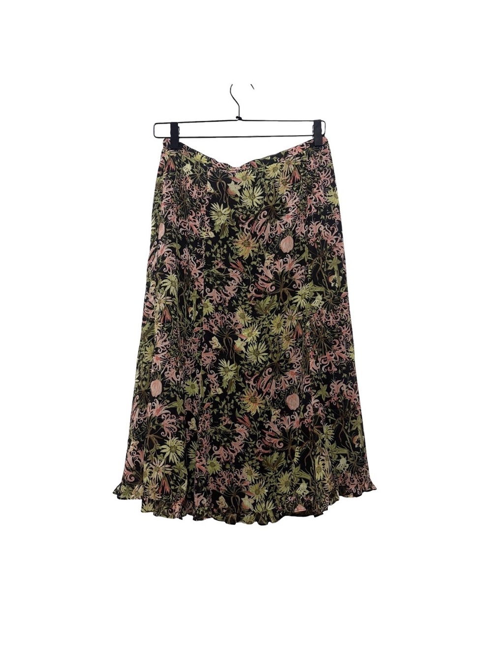 Sag Harbor Black Floral Midi Skirt with Pink and Green Print